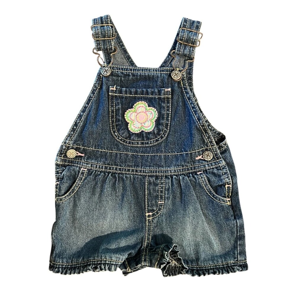 Vintage Oshkosh B'gosh Baby Girls Flower Overall Shortall  0-6 mo  Ruffle Hem